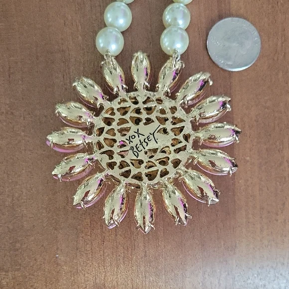 Betsey Johnson Pearl Strand Necklace with Pink Crystal Flower Pendant - Picture 2 of 7